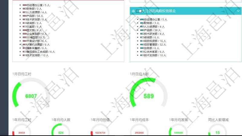 項目管理軟件人力資源管理總經(jīng)理儀表盤可以查看人力項目進度表，包括每個公司不同部門部門年度目標(biāo)進度、總?cè)藬?shù)。