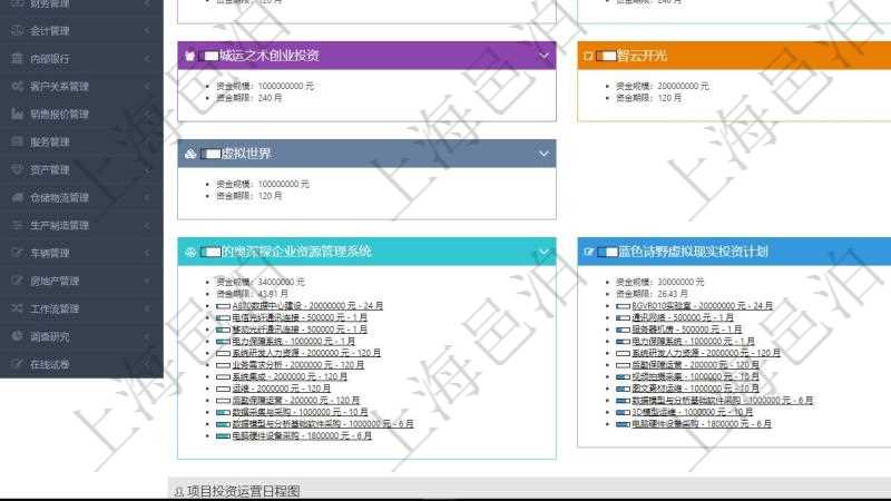 項目管理軟件風險投資基金管理總經(jīng)理儀表盤可以查看基金募資進度表，包括基金資金期限及募資進度。同時還可以查看投資項目進度表，包括項目、期限、金額及投資進度。