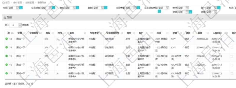 在項目管理軟件會計管理系統(tǒng)里，可通過總賬管理列表返回的信息有交易、交易明細、模板、序號、套賬、交易類型、交易明細類型、收付標志、賬戶、科目、貨幣單位、借貸標志、金額、入賬時間、是否手工賬、說明。