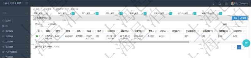 在項目管理軟件車輛管理系統(tǒng)中查詢車輛使用日志列表返回單位、部門、團隊、車輛、備注、記錄時間、開始時間、結(jié)束時間、主管人、經(jīng)辦人、司機姓名、開始油量、結(jié)束油量、油耗數(shù)、開始里程。