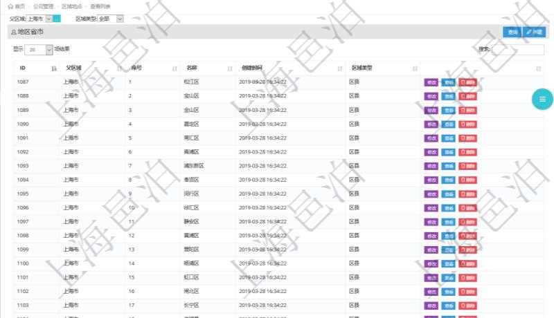 項目管理軟件里查詢區(qū)域地點的時候可以使用多種查詢過濾條件與方法。上部的父區(qū)域和區(qū)域類型可直接在服務(wù)器端做過濾，之后返回前端后，還可以在搜索框里做全部字段的模糊查詢過濾。