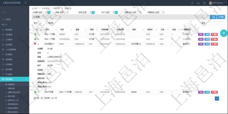 通過項(xiàng)目管理軟件財(cái)務(wù)管理模塊可以維護(hù)和查詢財(cái)務(wù)預(yù)算維護(hù)列表信息，比如：預(yù)算名稱、預(yù)算代碼、預(yù)算金額、貨幣單、開始日期、結(jié)束日期、描述、審批中預(yù)算、已用預(yù)算、是否完成、預(yù)算類型、父預(yù)算、序號(hào)、創(chuàng)建時(shí)間、賬戶、是否激活、預(yù)算項(xiàng)目、項(xiàng)目引用、警報(bào)比率、預(yù)警比率。