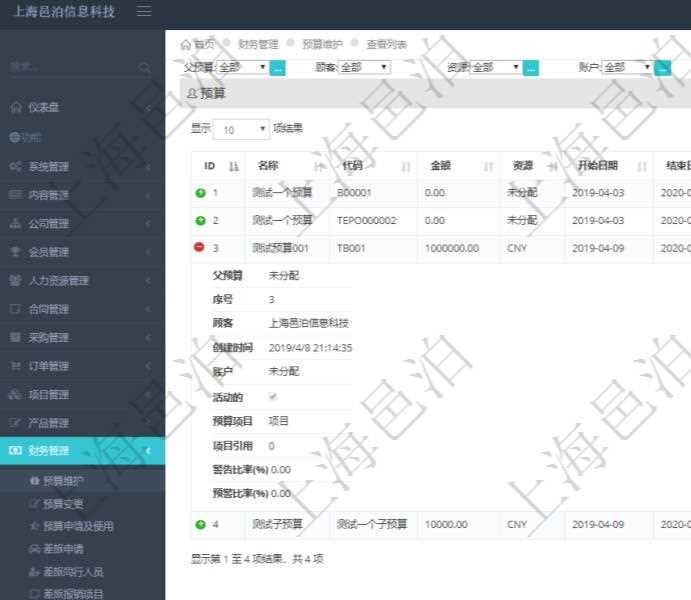通過項目管理軟件財務(wù)管理模塊可以維護和查詢財務(wù)預(yù)算維護列表信息，比如：預(yù)算名稱、預(yù)算代碼、預(yù)算金額、貨幣單、開始日期、結(jié)束日期、描述、審批中預(yù)算、已用預(yù)算、是否完成、預(yù)算類型、父預(yù)算、序號、創(chuàng)建時間、賬戶、是否激活、預(yù)算項目、項目引用、警報比率、預(yù)警比率。