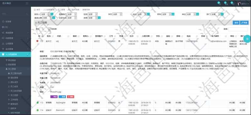 項目管理軟件人力資源管理模塊查詢列表可以查詢返回員工基本信息資料，比如：姓名、代碼、描述、財務(wù)人、登錄賬戶、工號、性別、生日、入職日期、學(xué)歷、崗位、職稱、電話、傳真、電子郵件、單位、部門、直接主管、在職狀態(tài)、負責(zé)領(lǐng)域、標(biāo)簽、崗位職責(zé)、自我介紹、年薪下限、年薪上限、年成本、資源、照片等。