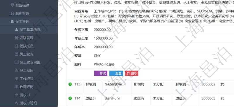 項(xiàng)目管理軟件人力資源管理模塊查詢列表可以查詢返回員工基本信息資料，比如：姓名、代碼、描述、財(cái)務(wù)人、登錄賬戶、工號(hào)、性別、生日、入職日期、學(xué)歷、崗位、職稱、電話、傳真、電子郵件、單位、部門、直接主管、在職狀態(tài)、負(fù)責(zé)領(lǐng)域、標(biāo)簽、崗位職責(zé)、自我介紹、年薪下限、年薪上限、年成本、資源、照片等。