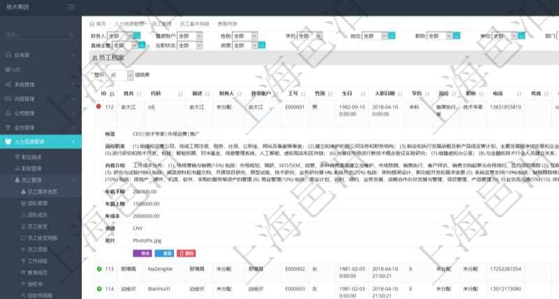 項(xiàng)目管理軟件人力資源管理模塊查詢列表可以查詢返回員工基本信息資料，比如：姓名、代碼、描述、財(cái)務(wù)人、登錄賬戶、工號(hào)、性別、生日、入職日期、學(xué)歷、崗位、職稱、電話、傳真、電子郵件、單位、部門(mén)、直接主管、在職狀態(tài)、負(fù)責(zé)領(lǐng)域、標(biāo)簽、崗位職責(zé)、自我介紹、年薪下限、年薪上限、年成本、資源、照片等。