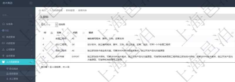 項(xiàng)目管理軟件人力資源管理職稱管理查詢列表可以查詢維護(hù)職稱配置信息，比如包括：ID、名稱、代碼、描述與分類等。