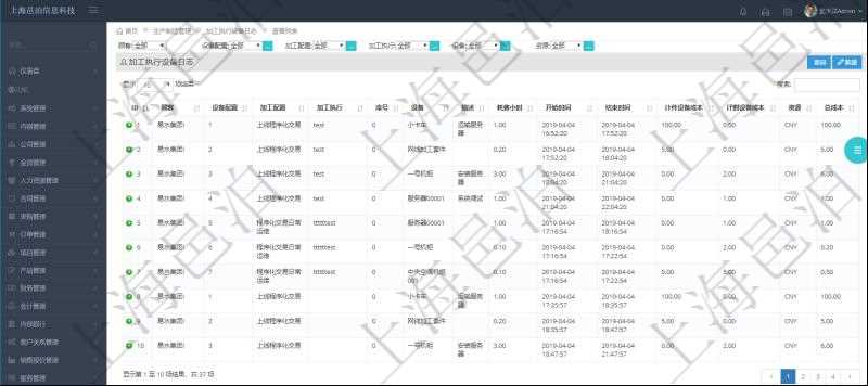 在項目管理軟件MES生產(chǎn)制造管理系統(tǒng)中查詢加工執(zhí)行設(shè)備日志返回設(shè)備配置、加工配置、加工執(zhí)行、序號、設(shè)備、描述、耗費(fèi)小時、開始時間、結(jié)束時間、計件設(shè)備成本、計時設(shè)備成本、資源、貨幣單位、總成本。