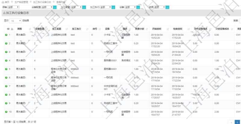 在項(xiàng)目管理軟件MES生產(chǎn)制造管理系統(tǒng)中查詢加工執(zhí)行設(shè)備日志返回設(shè)備配置、加工配置、加工執(zhí)行、序號(hào)、設(shè)備、描述、耗費(fèi)小時(shí)、開始時(shí)間、結(jié)束時(shí)間、計(jì)件設(shè)備成本、計(jì)時(shí)設(shè)備成本、資源、貨幣單位、總成本。