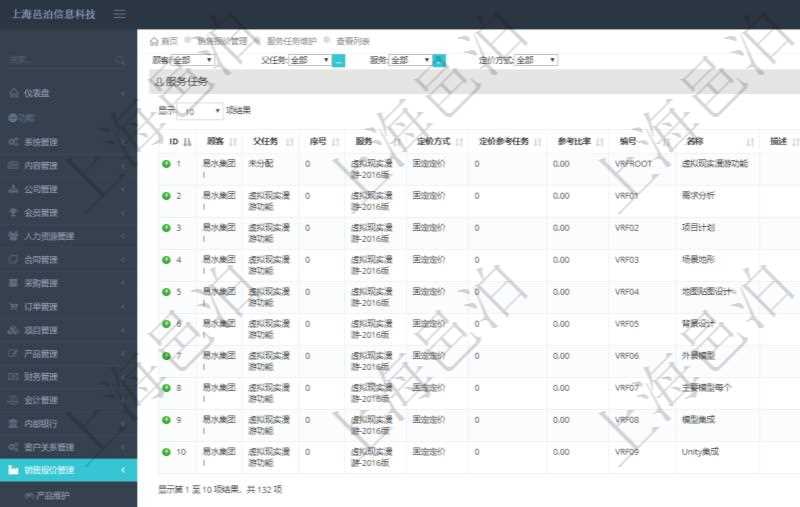 在項目管理軟件銷售報價管理系統(tǒng)中，服務可以通過組合任務來定制裁剪報價，查詢服務任務時返回信息有：父任務、序號、定價方式、定價參考任務、參考比率、服務任務編號、任務名稱、任務描述、任務種類、任務價格、最低價、成本、單價等信息。