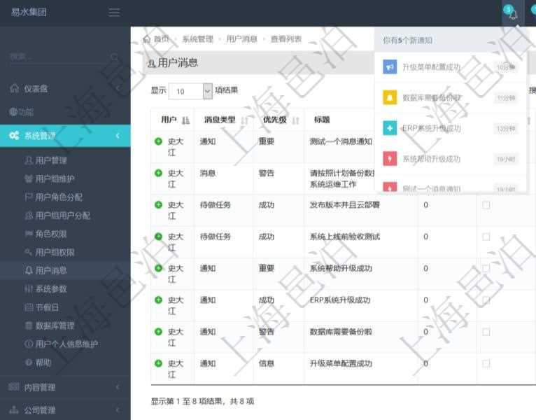 項目管理軟件使用用戶通知來實現(xiàn)系統(tǒng)與用戶之間的溝通，系統(tǒng)管理員可在用戶消息查詢頁面查詢得到所有用戶通知。