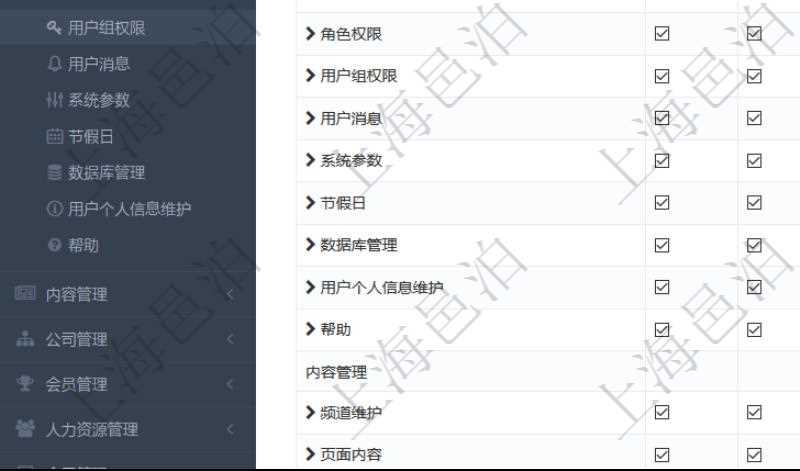 可通過(guò)勾選設(shè)置用戶組中用戶訪問(wèn)系統(tǒng)功能模塊的權(quán)限，比如每個(gè)頁(yè)面的功能使用、列表查詢、明細(xì)查看、新建、更新、刪除等操作權(quán)限，也可以針對(duì)每個(gè)功能特定的操作和業(yè)務(wù)流程設(shè)置權(quán)限，比如：用戶管理的導(dǎo)入用戶與導(dǎo)出表格功能。