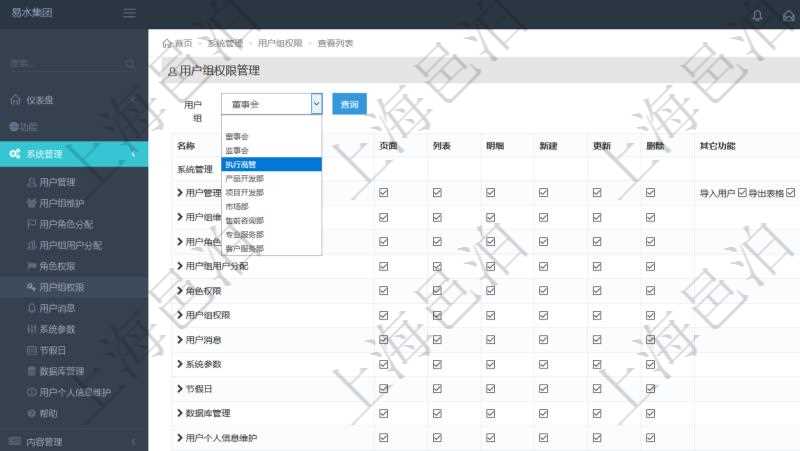 可通過勾選設(shè)置用戶組中用戶訪問系統(tǒng)功能模塊的權(quán)限，比如每個頁面的功能使用、列表查詢、明細(xì)查看、新建、更新、刪除等操作權(quán)限，也可以針對每個功能特定的操作和業(yè)務(wù)流程設(shè)置權(quán)限，比如：用戶管理的導(dǎo)入用戶與導(dǎo)出表格功能。