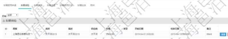 在項(xiàng)目管理軟件車輛管理系統(tǒng)查詢車輛信息還會(huì)返回關(guān)聯(lián)的車輛保險(xiǎn)信息：名稱、描述、供應(yīng)商、價(jià)格、類型、開始日期、結(jié)束日期、備注。