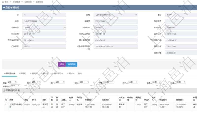 在項(xiàng)目管理軟件車(chē)輛管理系統(tǒng)查詢(xún)車(chē)輛信息還會(huì)返回關(guān)聯(lián)的車(chē)輛使用申請(qǐng)記錄：?jiǎn)挝?、部門(mén)、團(tuán)隊(duì)、目的、備注、主管人、經(jīng)辦人、司機(jī)姓名、開(kāi)始時(shí)間、結(jié)束時(shí)間、出發(fā)地址、結(jié)束地址、預(yù)計(jì)里程、申請(qǐng)人、批準(zhǔn)人、申請(qǐng)時(shí)間、批準(zhǔn)時(shí)間、申請(qǐng)狀態(tài)。