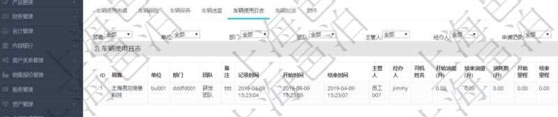 在項(xiàng)目管理軟件車輛管理系統(tǒng)查詢車輛信息還會(huì)返回關(guān)聯(lián)的車輛使用日志：單位、部門、團(tuán)隊(duì)、備注、記錄時(shí)間、開始時(shí)間、結(jié)束時(shí)間、主管人、經(jīng)辦人、司機(jī)姓名、開始油量、結(jié)束油量、油耗數(shù)量、開始里程、結(jié)束里程、行駛里程、目的、申請(qǐng)記錄、出發(fā)地址、結(jié)束地址。