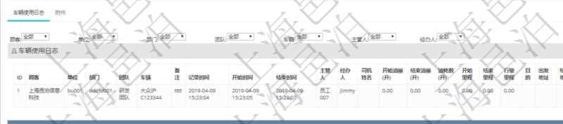在項(xiàng)目管理軟件車輛管理系統(tǒng)查詢車輛使用申請(qǐng)明細(xì)信息還會(huì)返回關(guān)聯(lián)的車輛使用日志列表：?jiǎn)挝弧⒉块T、團(tuán)隊(duì)、車輛、備注、記錄時(shí)間、開始時(shí)間、結(jié)束時(shí)間、主管人、經(jīng)辦人、司機(jī)姓名、開始油量、結(jié)束油量、油耗數(shù)、開始里程、結(jié)束里程、行駛里程、目的、出發(fā)地址、結(jié)束地址。