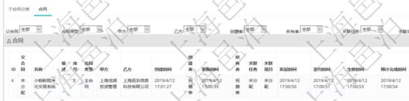 項目管理軟件合同管理模塊合同分類明細查詢還可以關(guān)聯(lián)查詢更多相關(guān)資料，比如該合同類型的所有合同：父合同、名稱、描述、序號、合同類型、甲方、乙方、創(chuàng)建者、更新時間、所有者、關(guān)聯(lián)任務(wù)、關(guān)聯(lián)項目、發(fā)起時間、簽約時間、生效時間、預(yù)計完成時間、實際完成時間、完成進度等。
