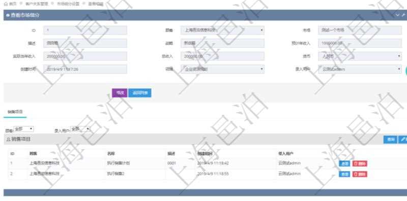 在項目管理軟件CRM客戶關系管理系統(tǒng)里查詢市場細分返回的基本字段信息有：市場、描述、戰(zhàn)略、預計年收入、實際當年收入、總收入、貨幣、創(chuàng)建時間、領域、錄入用戶。同時，還有關聯(lián)的明細數(shù)據(jù)，比如銷售項目：項目名稱、描述、創(chuàng)建時間及錄入用戶。