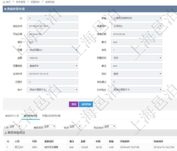 項(xiàng)目管理軟件財(cái)務(wù)管理模塊差旅申請明細(xì)查詢還可以關(guān)聯(lián)查詢更多相關(guān)資料，比如差旅報(bào)銷項(xiàng)目：人員、代碼、差旅項(xiàng)目、備注、金額、價格、數(shù)量、開始時間、結(jié)束時間、地點(diǎn)、到達(dá)地點(diǎn)。