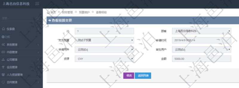 通過項目管理軟件財務(wù)管理模塊可以維護(hù)和查詢預(yù)算變更明細(xì)信息，比如：預(yù)算、對方預(yù)算、申請時間、生效時間、申請用戶、審批用戶、描述、貨幣單位、金額。