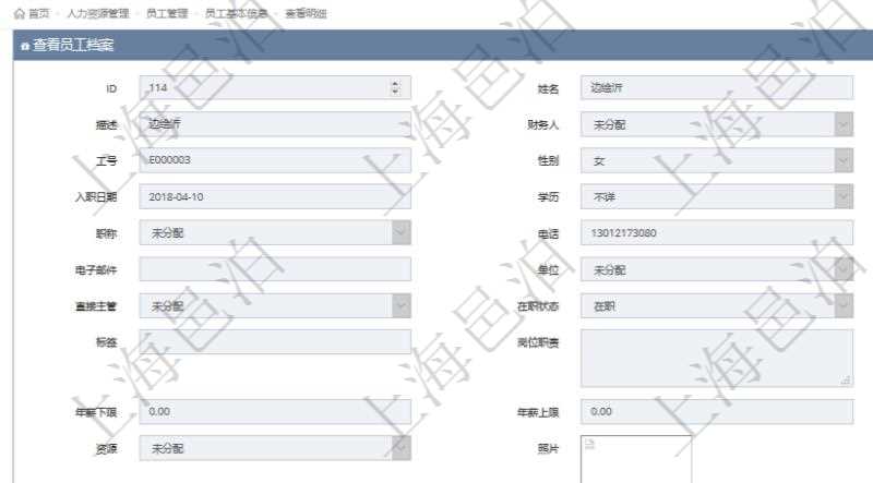 項(xiàng)目管理軟件人力資源管理模塊員工基本信息資料明細(xì)查詢還可以關(guān)聯(lián)查詢更多相關(guān)資料，比如上崗證編號(hào)、標(biāo)題、描述、生效日期、終止日期等。