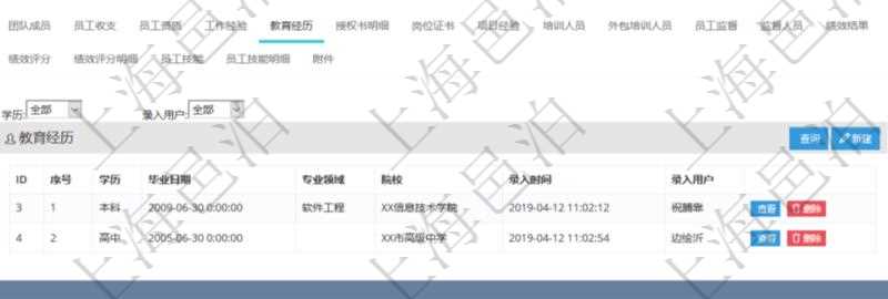 項目管理軟件人力資源管理模塊員工基本信息資料明細(xì)查詢還可以關(guān)聯(lián)查詢更多相關(guān)資料，比如員工教育經(jīng)歷：序號、學(xué)歷、畢業(yè)日期、專業(yè)領(lǐng)域、院校、錄入時間、錄入用戶等。