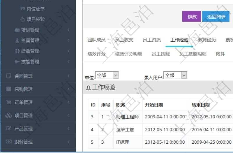 項目管理軟件人力資源管理模塊員工基本信息資料明細查詢還可以關(guān)聯(lián)查詢更多相關(guān)資料，比如員工工作經(jīng)驗信息：職務(wù)、開始日期、結(jié)束日期、單位、主要職責、錄入時間、錄入用戶等。