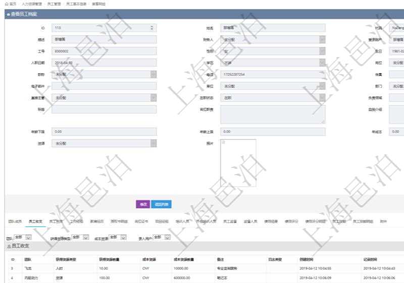 項目管理軟件人力資源管理模塊員工基本信息資料明細查詢還可以關(guān)聯(lián)查詢更多相關(guān)資料，比如員工收支信息：團隊、獲得資源類型、獲得資源數(shù)量、成本資源、成本資源數(shù)量、備注、日志類型、創(chuàng)建時間、記錄時間、錄入用戶。