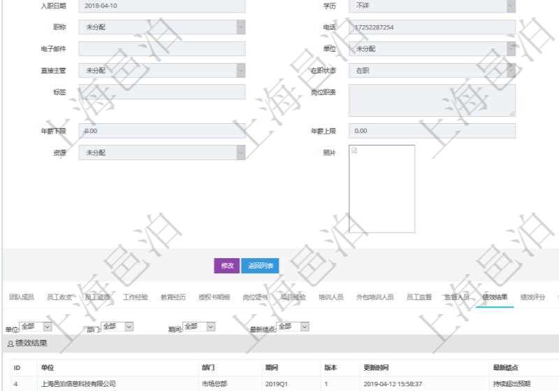 項目管理軟件人力資源管理模塊員工基本信息資料明細查詢還可以關聯(lián)查詢更多相關資料，比如績效結果：單位、部門、期間、版本、更新時間、最新績點、最新原始績點、備注等。