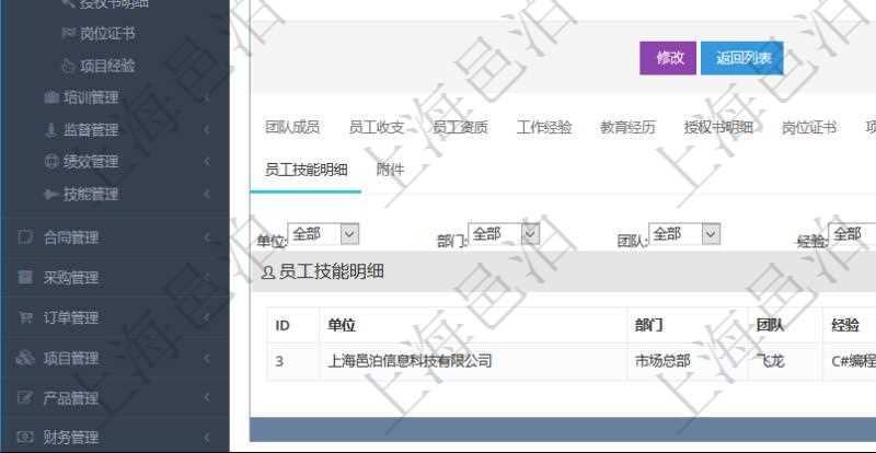 項目管理軟件人力資源管理模塊員工基本信息資料明細查詢還可以關聯(lián)查詢更多相關資料，比如員工技能明細：單位、部門、團隊、經(jīng)驗、日志時間、月數(shù)、項目、任務、備注等。