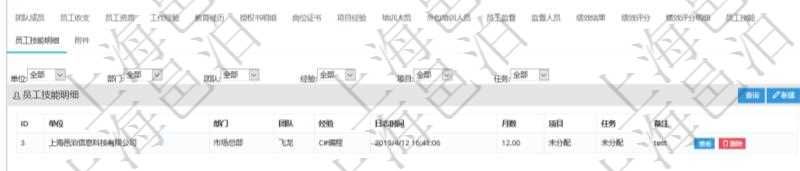 項目管理軟件人力資源管理模塊員工基本信息資料明細查詢還可以關(guān)聯(lián)查詢更多相關(guān)資料，比如員工技能明細：單位、部門、團隊、經(jīng)驗、日志時間、月數(shù)、項目、任務(wù)、備注等。