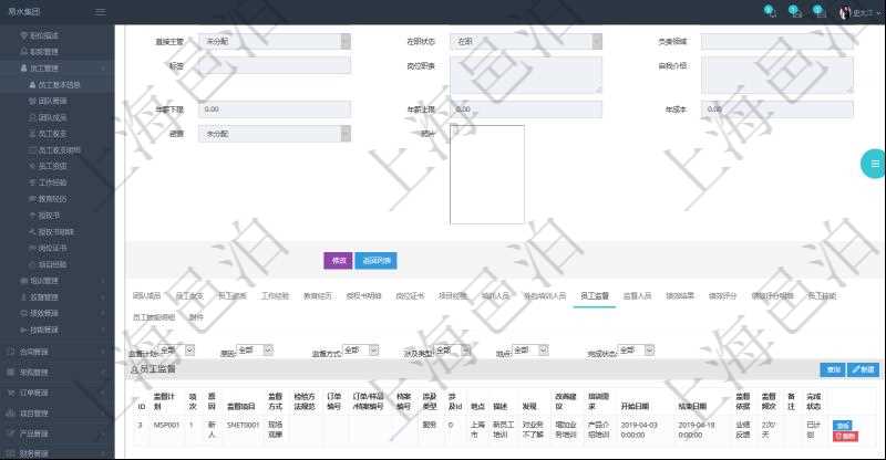 項(xiàng)目管理軟件人力資源管理模塊員工基本信息資料明細(xì)查詢還可以關(guān)聯(lián)查詢更多相關(guān)資料，比如監(jiān)督計(jì)劃、項(xiàng)次、原因、監(jiān)督項(xiàng)目、監(jiān)督方式、檢驗(yàn)方法規(guī)范、訂單編號(hào)、訂單樣品檔案編號(hào)、檔案編號(hào)、設(shè)計(jì)類型、涉及ID、地點(diǎn)、描述、發(fā)現(xiàn)、改善建議、培訓(xùn)需求、監(jiān)督員、開始日期、結(jié)束日期、監(jiān)督依據(jù)、監(jiān)督頻次、備注及完成狀態(tài)等。