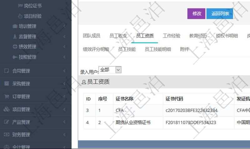 項目管理軟件人力資源管理模塊員工基本信息資料明細(xì)查詢還可以關(guān)聯(lián)查詢更多相關(guān)資料，比如員工資質(zhì)。對于程式化的復(fù)雜業(yè)務(wù)操作，合理使用員工資質(zhì)管理可以降低操作風(fēng)險。員工資質(zhì)信息包括證書名稱、證書代碼、發(fā)證機構(gòu)、有效期、備注、錄入用戶。