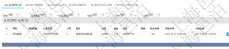 在項(xiàng)目管理軟件MES生產(chǎn)制造管理系統(tǒng)查詢加工執(zhí)行日志信息時(shí)，還返回了關(guān)聯(lián)的加工執(zhí)行租用日志：租用配置、加工配置、序號(hào)、物資、物料、數(shù)量、容器、描述、租用小時(shí)、開始時(shí)間、結(jié)束時(shí)間。