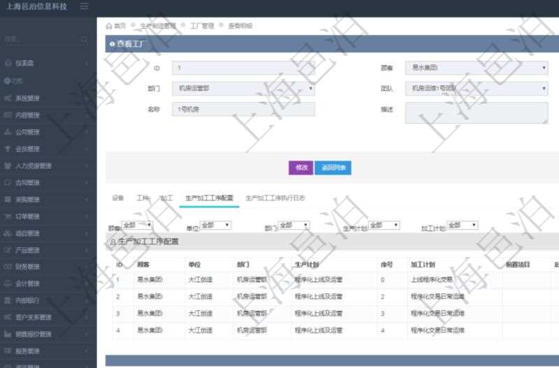 在項目管理軟件MES生產(chǎn)制造管理系統(tǒng)查看工廠信息時除了返回工廠信息，同時返回關(guān)聯(lián)的生產(chǎn)加工工序配置：單位、部門、生產(chǎn)計劃、序號、加工計劃、前置項目、后續(xù)項目、最早開始日、最早結(jié)束日。