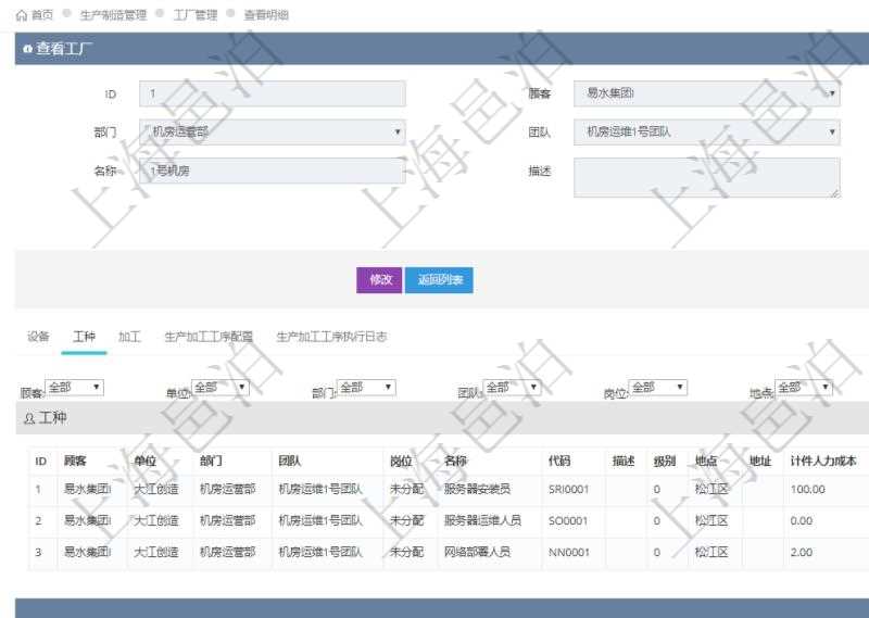 在項(xiàng)目管理軟件MES生產(chǎn)制造管理系統(tǒng)查看工廠信息時(shí)除了返回工廠信息，同時(shí)返回關(guān)聯(lián)的工種信息：?jiǎn)挝弧⒉块T、團(tuán)隊(duì)、崗位、名稱、代碼、描述、級(jí)別、地點(diǎn)、地址、計(jì)件人力成本呢、計(jì)時(shí)人力成本、計(jì)件工種成本、計(jì)時(shí)工種成本、資源、貨幣單位。