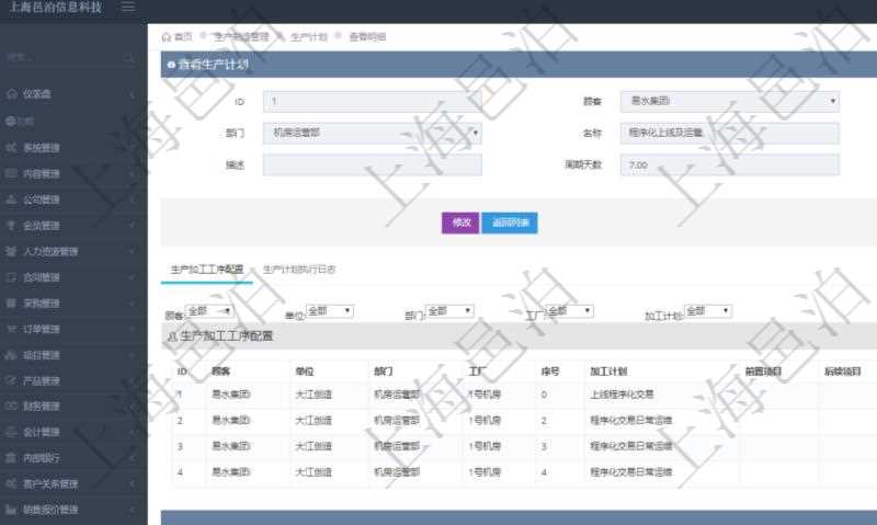 在項目管理軟件MES生產(chǎn)制造管理系統(tǒng)中查詢生產(chǎn)計劃明細(xì)返回單位、部門、名稱、代碼、描述、周期天數(shù)。同時還會返回生產(chǎn)加工工序配置明細(xì)：單位、部門、工廠、序號、加工計劃、前置項目、后續(xù)項目、最早開始日、最早結(jié)束日。