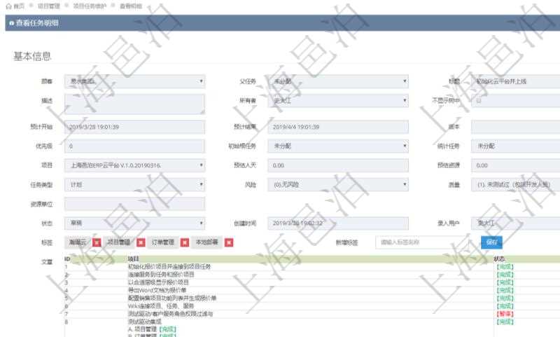 在項目管理軟件項目管理系統(tǒng)中，查詢?nèi)蝿?wù)信息返回：父任務(wù)、任務(wù)標(biāo)題、描述、所有者、是否顯示在任務(wù)樹、預(yù)計開始、預(yù)計結(jié)束、版本、優(yōu)先級、初始根任務(wù)、統(tǒng)計任務(wù)、項目、預(yù)估人天、預(yù)估資源、任務(wù)類型、任務(wù)風(fēng)險、任務(wù)質(zhì)量、資源單位、任務(wù)狀態(tài)、創(chuàng)建時間、錄入用戶。同時還包括任務(wù)標(biāo)簽及任務(wù)描述文章。