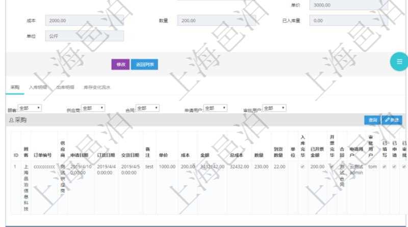 項目管理軟件采購管理模塊原料明細(xì)查詢還可以關(guān)聯(lián)查詢更多相關(guān)資料，比如原料的所有采購信息：訂單編號、供應(yīng)商、申請日期、訂貨日期、交貨日期、備注、單價、成本、金額、總成本、數(shù)量、到貨數(shù)量、單位、入庫完畢、已開票金額、開票完畢、合同、申請用戶、審批用戶、已填寫、已申請、已審批。